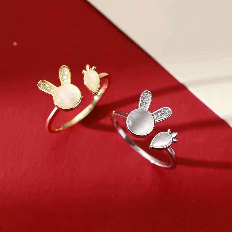 

2023 Raabit Year Silver Color Cute Rabbit Carrot Zircon Open Rings Animal Rings Ladies Girls Jewelry Gift Accessories Wholesale