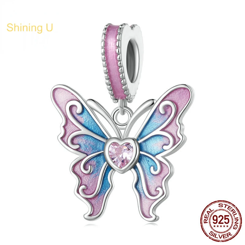 

Shining U 925 Sterling Silver Pink Butterfly Pendant Charm for Bracelet Fine DIY Accessory