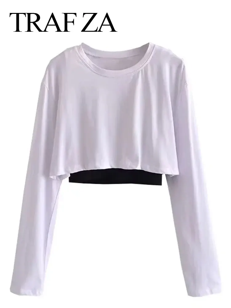 

TRAF ZA Women's Long Sleeve Top Solid Color White Round Neck Cotton Double Layer Lined Slim Fit Short T-shirt Casual Sports Wear