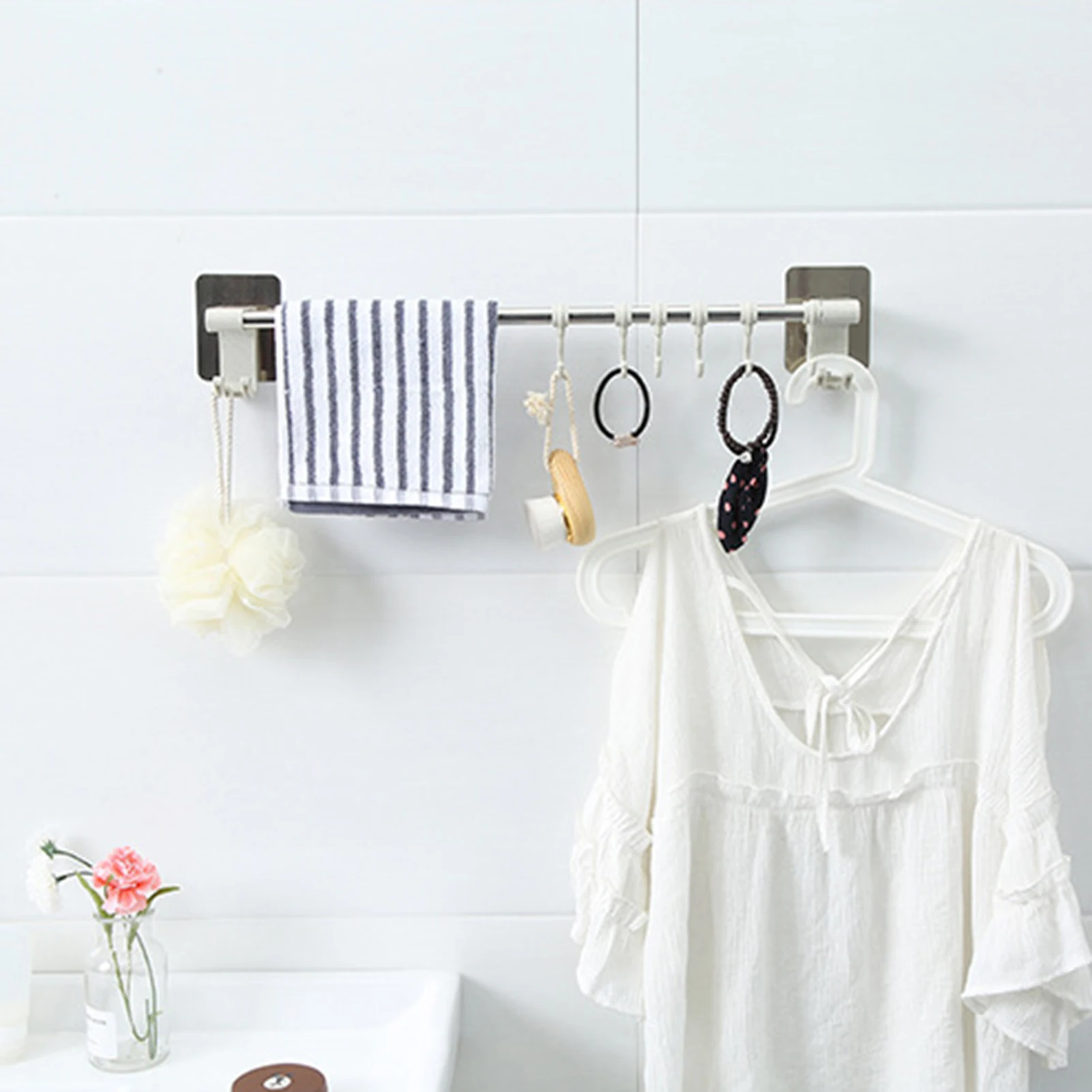

Stainless Steel Towel Holder With 5 Plastic Hooks Wall-mounted Towel Bar Punch-Free Self-adhesive Bathroom Storage Accessories