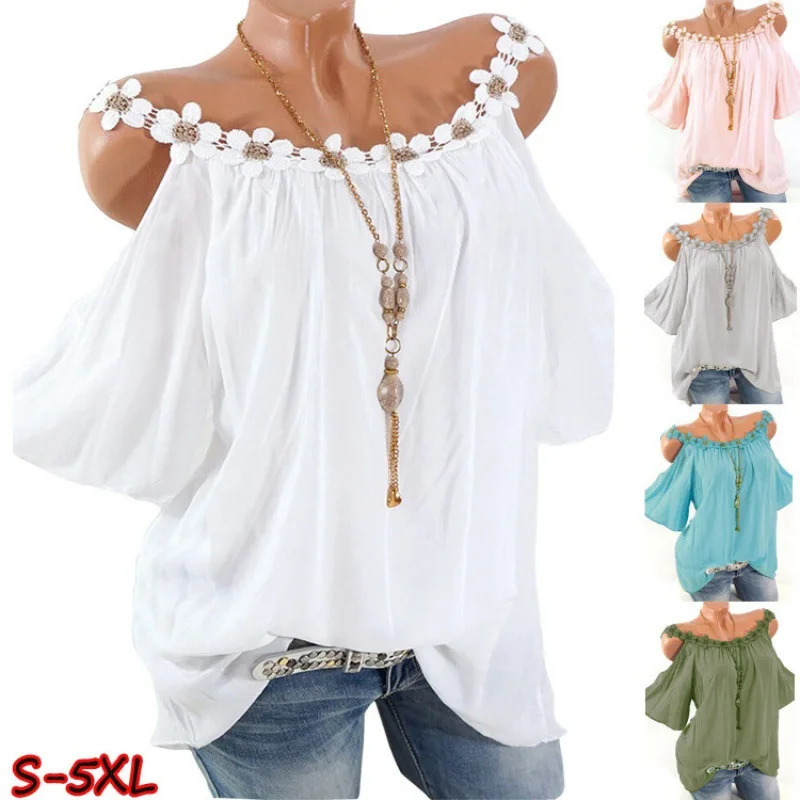 

Women's Popular Lace Round Neck Strapless Solid Color T-shirt