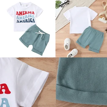 Baby Boys Casual Sports Tops Shorts Two-Piece Set Pullover T Shirt Tops and Shorts Cotton Letter Printed  Children Clothes Sets 1