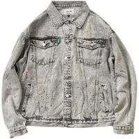 spring new heavy water wash color splash ink silhouette loose denim jacket mens and womens light gray single breasted coat