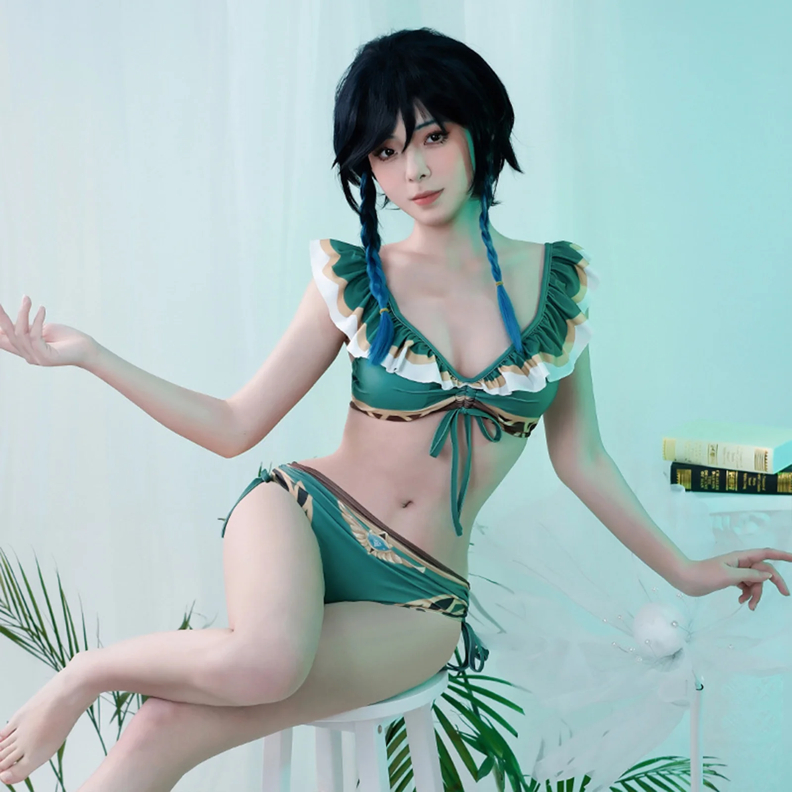 

Anime Game Genshin Impact Cosplay Barbatos Venti Barbatos Green Swimwear Girl Bikini Costume Summer Swimsuits Halloween