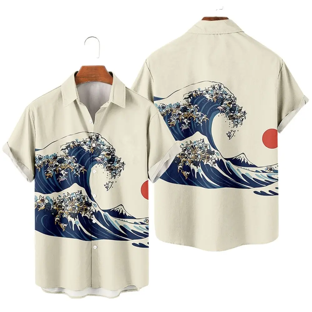 Гавайская Мужская рубашка, пляжный топ с коротким рукавом, 3D Рисунок волн, пляжная одежда, брендовая одежда