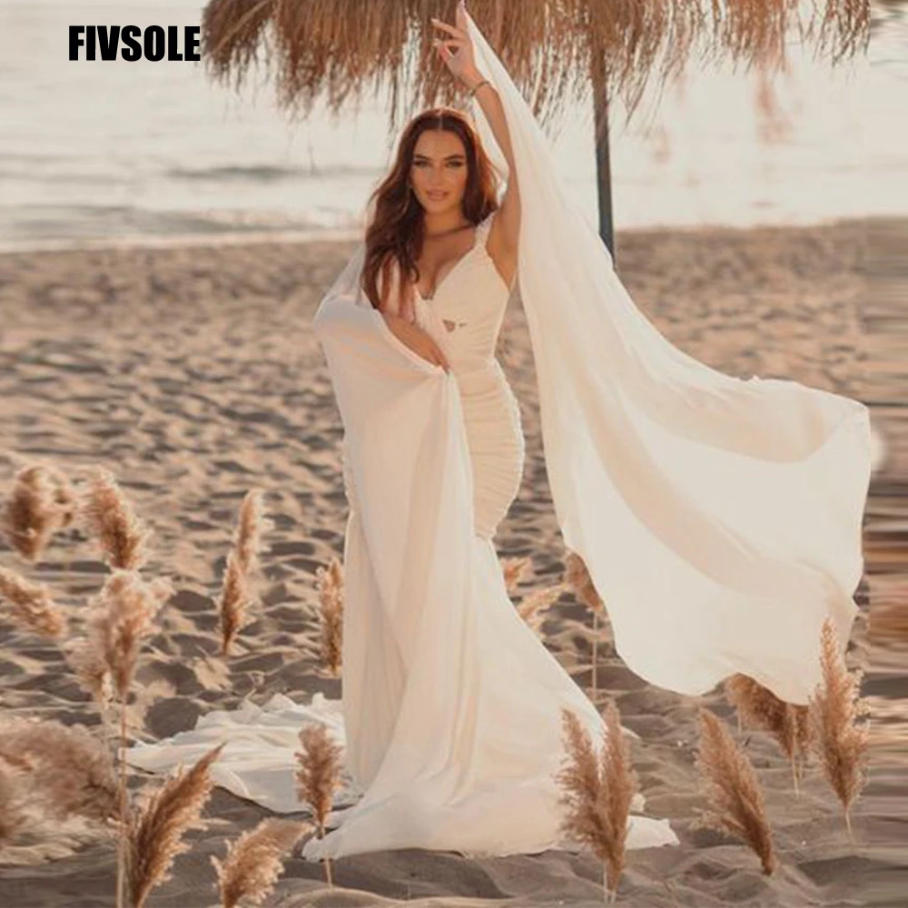 

Fivsole Plus Size Satin Mermaid Wedding Dresses Dubai Sweetheart Pearls Straps Bridal Dress Beach Sweep Train Vestidos De Novia