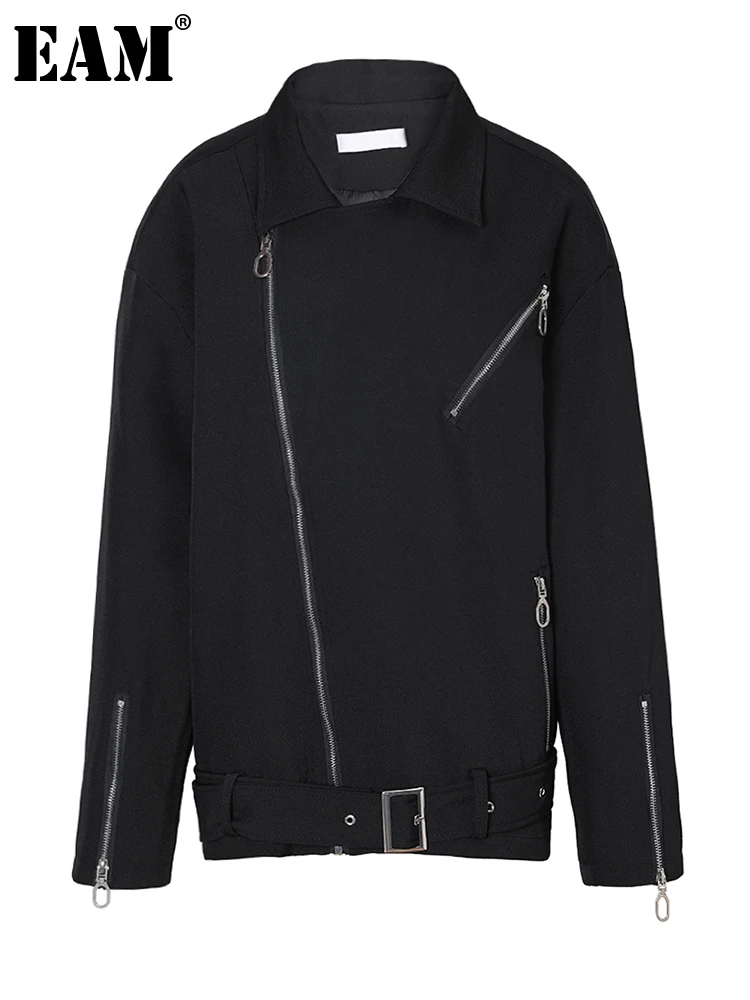 

[EAM] Loose Fit Black Zipper Belted Big Size Jacket New Lapel Long Sleeve Women Coat Fashion Tide Spring Autumn 2023 1DF3511