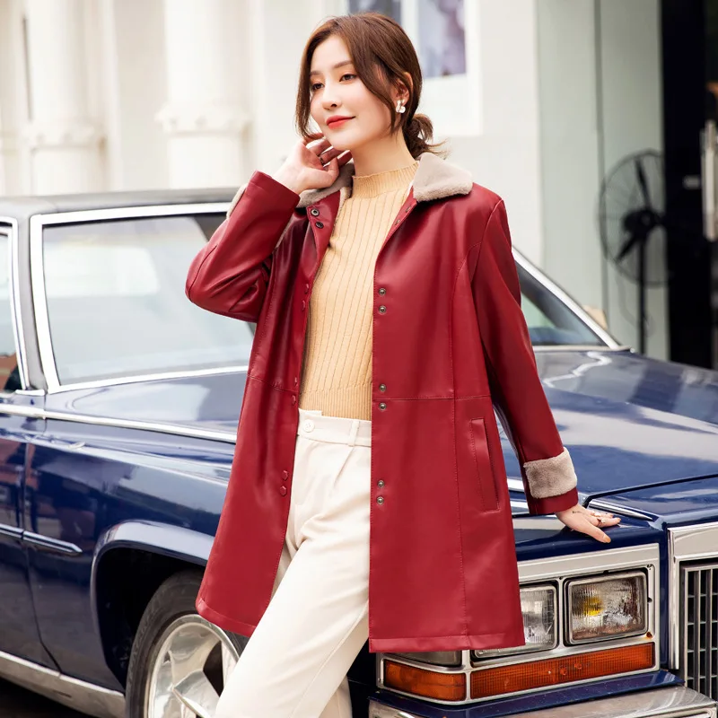 2022 Women's Winter Clothing Thick Warm Pu Leather Clothing Warm Clothing Medium Long Thickened Leather Clothing Women's Coat
