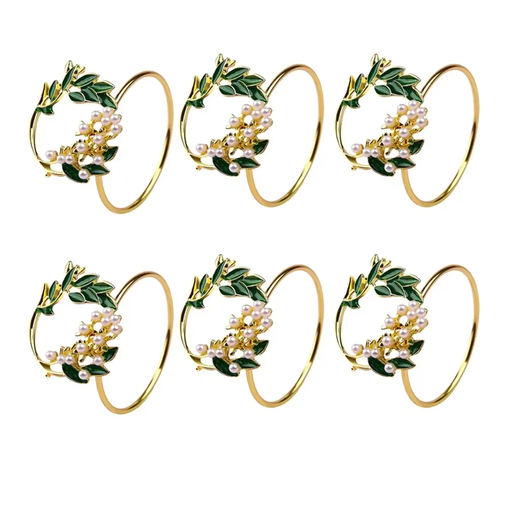 

2023New Napkin Ring Golden Pearl Flower Napkin Rings Set Metal Napkin Holder For Wedding Party Dinner Table Decoration