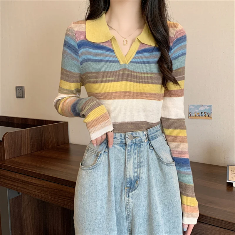

Polo Collar Striped Knitted Sweater Women's Early Autumn New Contrast Color Slim Bottoming Shirt Women's Inner Wear Autumn