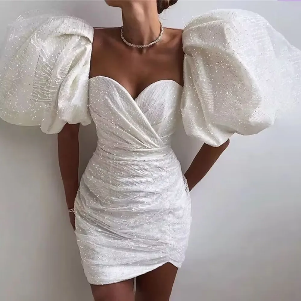 

2022 Short Prom Dresses Sweetheart Shiny Puff Sleeves Formal Women Party Prom Gowns Zipper Back Vestidos De Fiesta