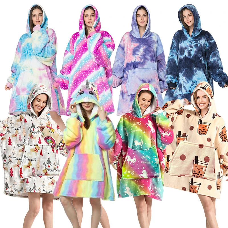 

Tie-dyed Blanket Hoodie Family Oversized Homewear Fleece Warm Thick Girls Sleepwear Cartoon Printed Hoody Sweatshirt TV Blanket