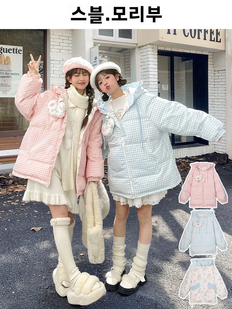 Mori Girl Tribe оригинальный пуховик 90 на белом утином пуху в клетку с принтом капюшоном