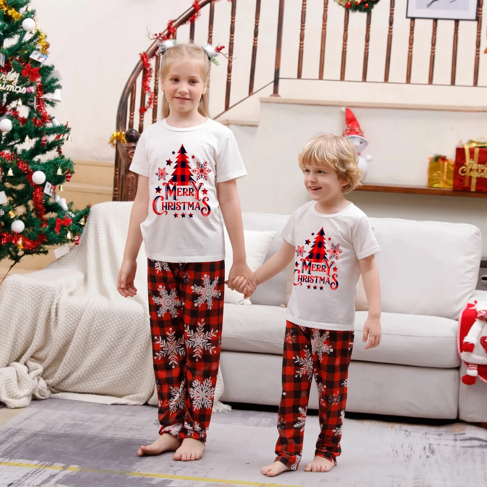 

Snowflake Print Plaid White Mommy Daughter Mother Kids Christmas Pajamas Family Matching Couples Xmas Pjs Short Sleeve 2023 New
