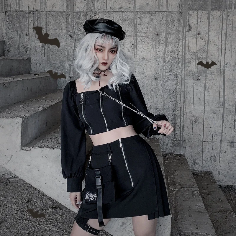 

Gothic Tops For Women New Fashion Women Goth Blouse Long Puff Sleeve Solid Color Zipper Chain Patchwork Lady Short Blouse Autumn