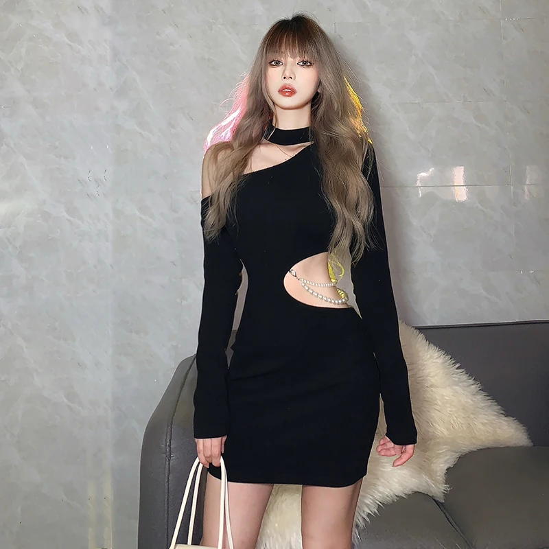 

Women Woven Cotton Sexy Long Sleeve High Waist Mini Cocktail Dress Bodycon Hollow Out Halter Party Dress Club Night Pencil Dress