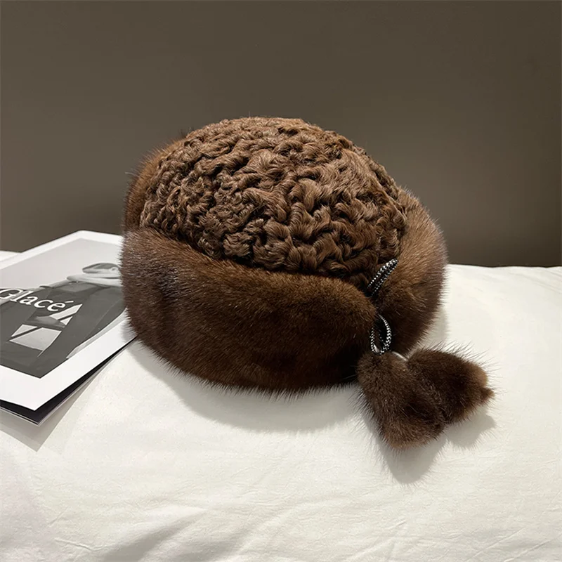 Winter Women's Hat Style Whole Ermine Hat Warm Ear Protection Fur Hat Roll Wool Real Wool Tassel Beaded Urinal Cap Adult hood