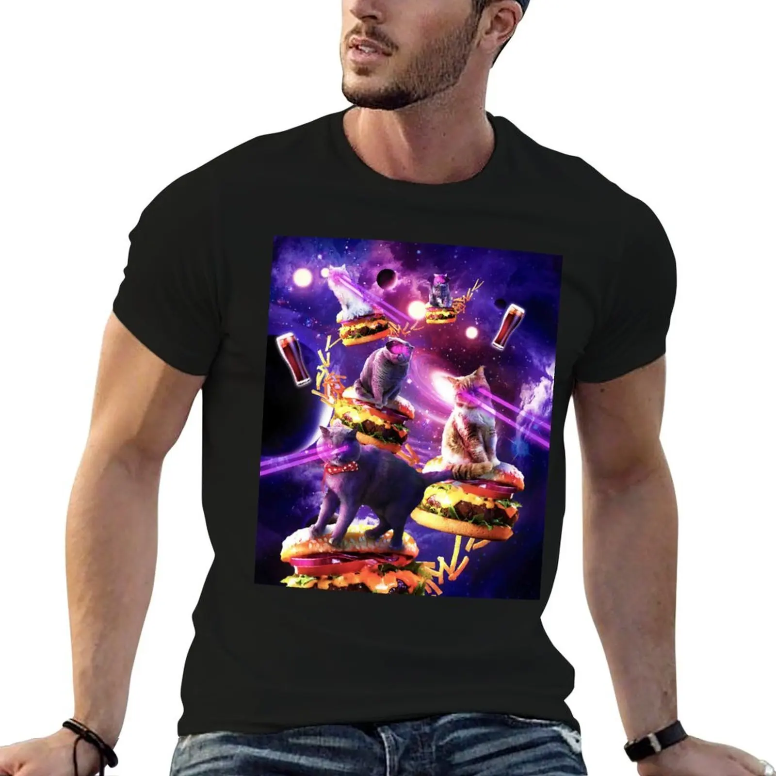 Фото Футболка Galaxy Laser Cat On Burger - футболка с изображением котиков с космическим чизбургером, оригинальная футболка с графическим рисунком №1