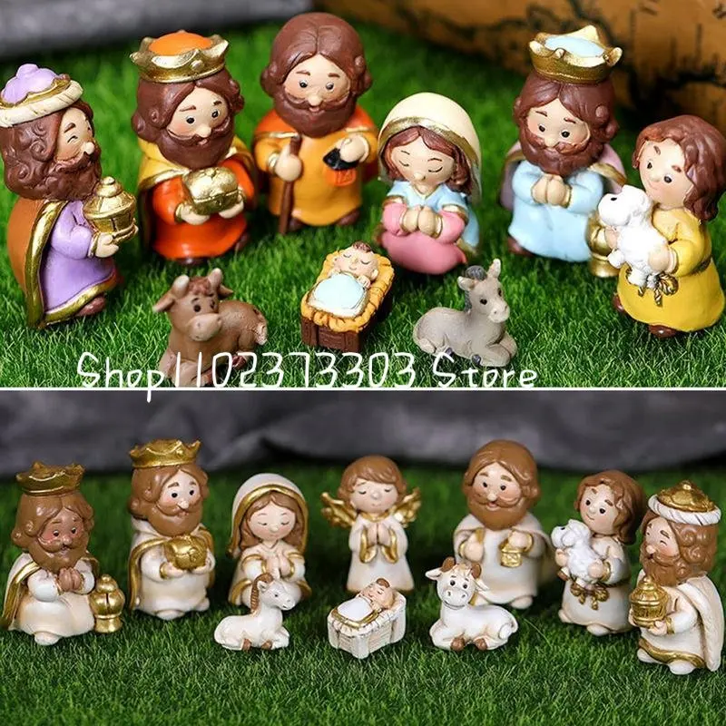 

10pcs Resin Holy Family Nativity Figurine Set Jesus Figurines Christmas Ornaments Decor Nativity Scene Set Tabletop Decoration