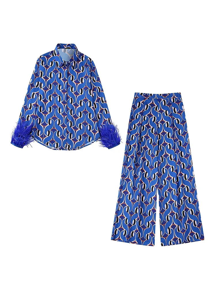 DYLQFS Women Fashion With Feathers Printed Shirts And High Elastic Waist Wide Leg Pants Female Two Piece Sets Mujer