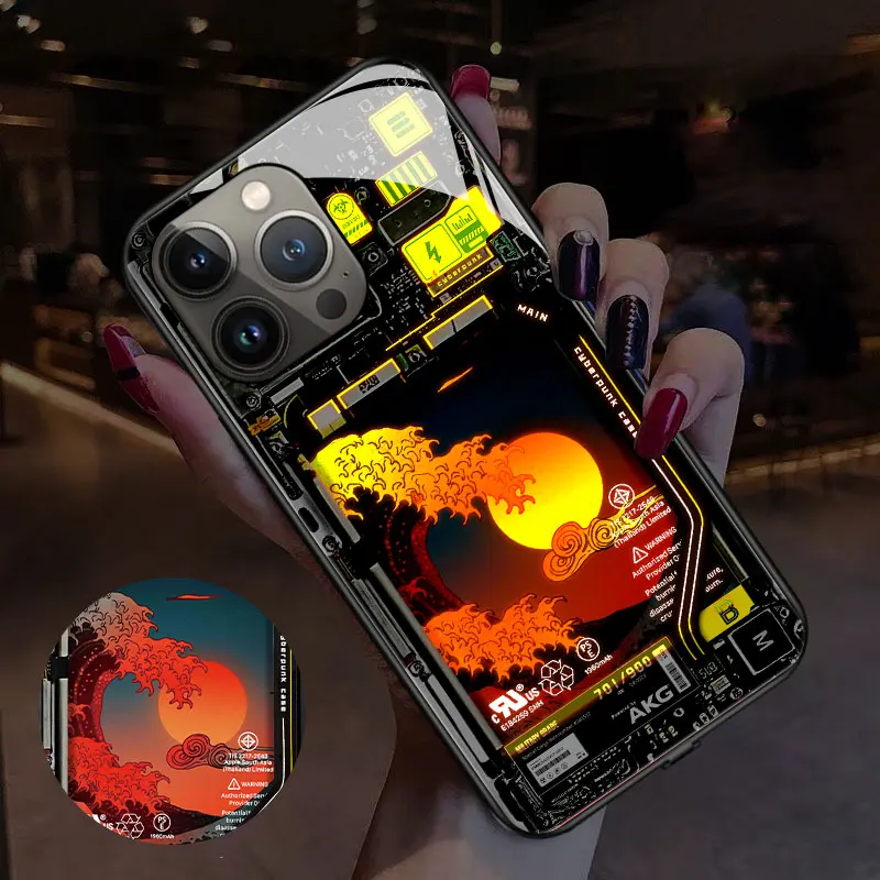 

Cool LED Light Glowing Luminous TPU Border Tempered Glass Back Phone Case for iPhone 11 12 13 14 X Xs Xr Mini Pro Max Plus Cover