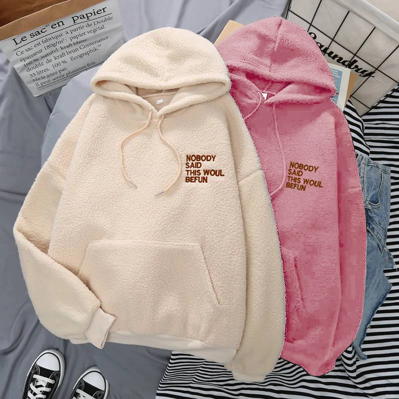 

Fashion Letter Print Warm Hoodies Women Harajuku Loose Pocket Hoody Top Autumn Winter Drawstring Solid Color Pullover Sweatshirt