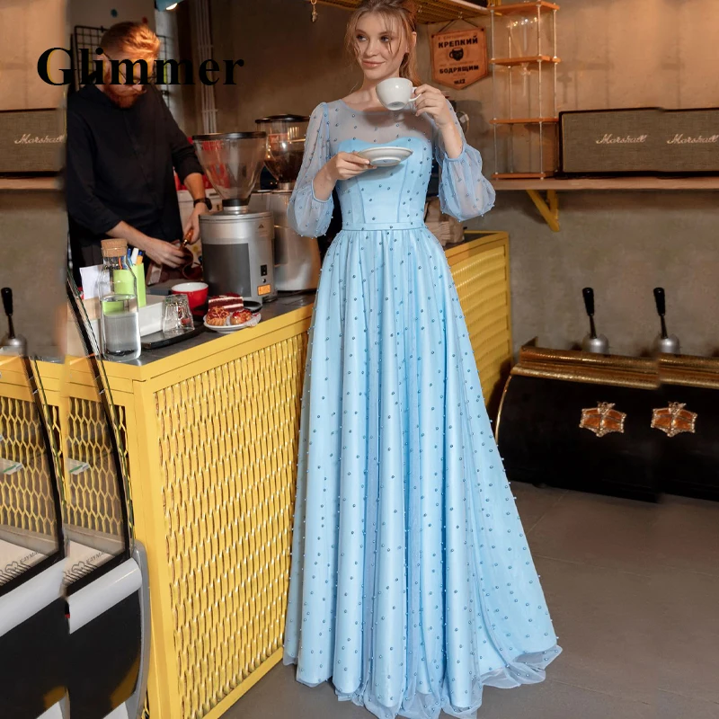 

Glimmer Blue Pearls Evening Dresses Scoop Formal Prom Gowns Customizable Colors Abendkleider Vestidos De Gala For Women 2022