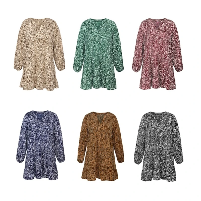 

Женское леопардовое платье с цветочным принтом, повседневное свободное платье с длинным рукавом и V-образным вырезом