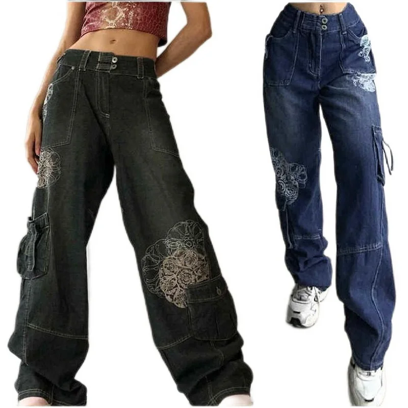 

Рваные джинсы, уличный тренд, рваные темные ретро брюки с принтом, карманами и высокой талией, свободные широкие брюки, женские джинсы