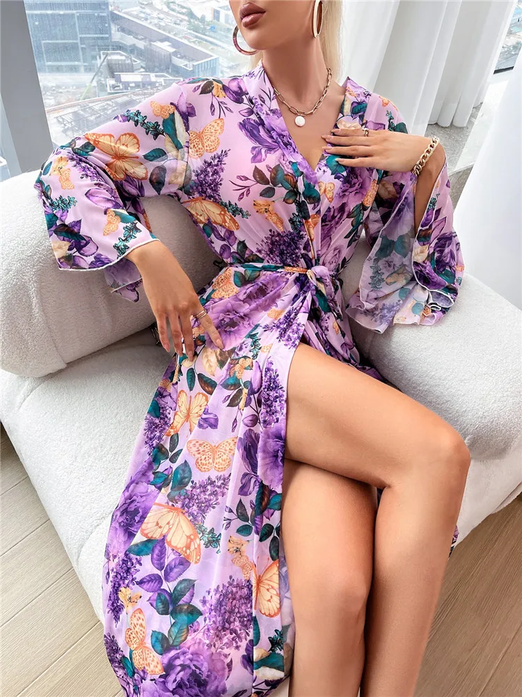 

Sexy Bathrobe Floral Print Nightdress Mesh Nightwear Cozy Bridesmaid Wedding Party Ruffle Robe