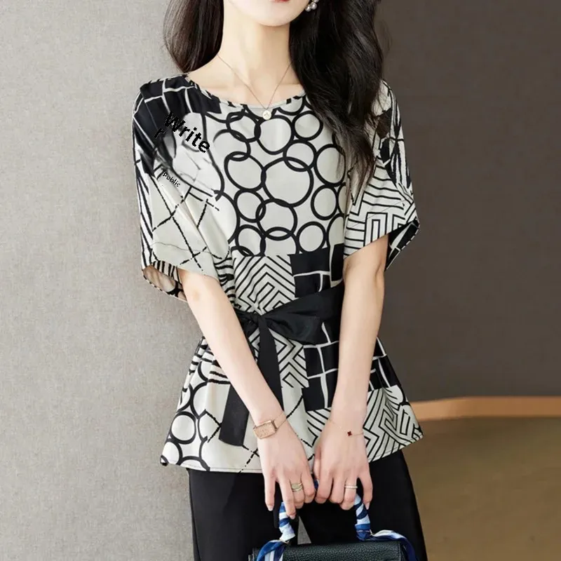 Лето 2024 новинка тонкий крой с рукавами летучая мышь свободный шифоновый топ