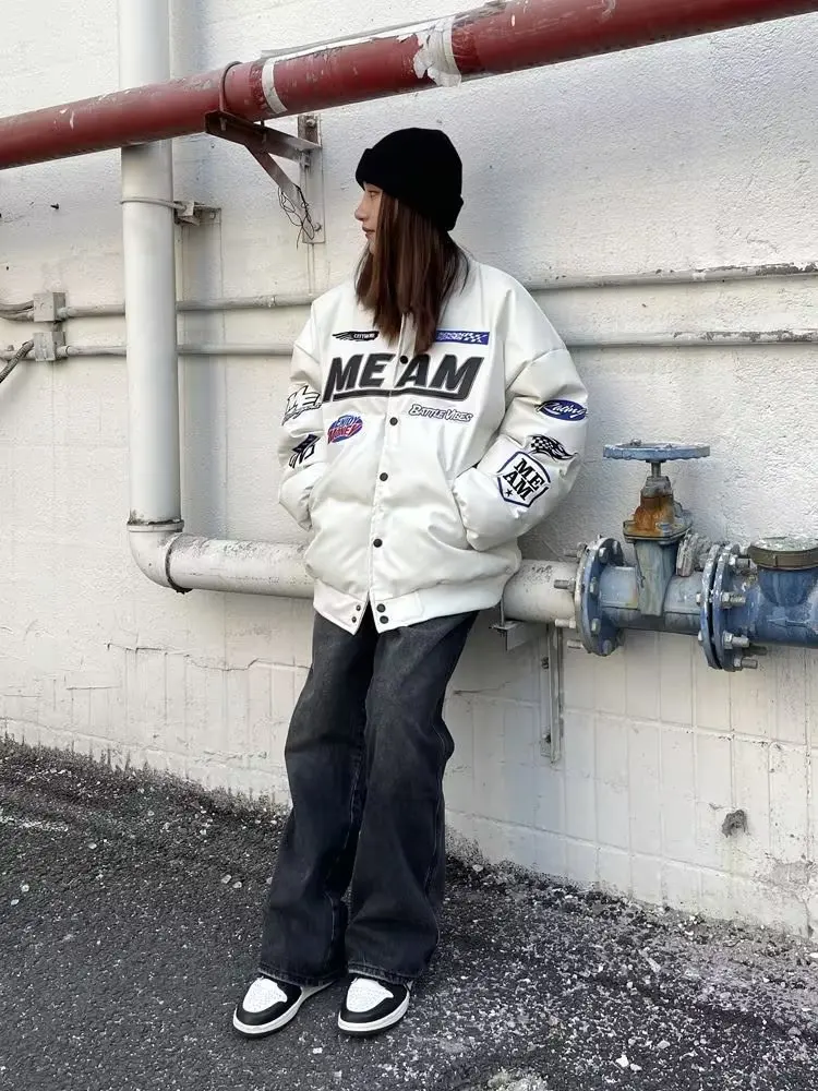 Street Hip Hop Winter Coat Women'S Leather Clothes Harajuku Letters Print Loose Skateboard Fashion Button Jacket Warm