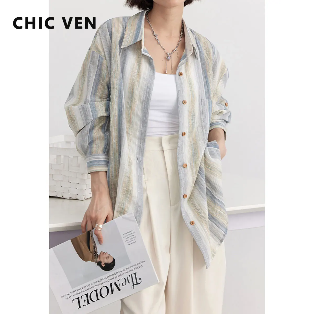 

CHIC VEN Women Shirts Korean Striped Loose Long Sleeve Blouses Casual Fashion Simple Sunscreen Office Lady Clothing Summer 2023