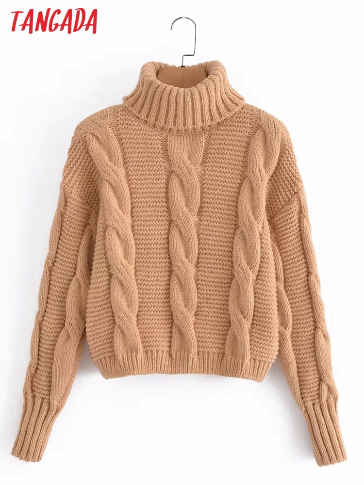 

Tangada 2022 Chic Women Khaki Twist Turtleneck Sweater Vintage Ladies Short Style Sweet Knitted Jumper Tops 3A125