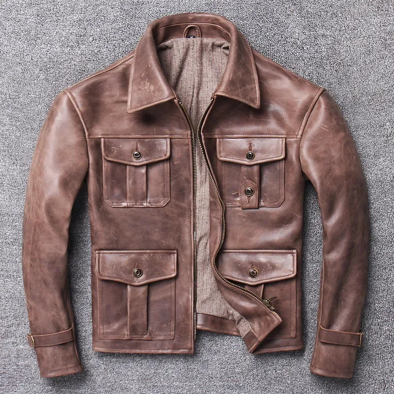 

2024 Men's 100% Real Leather Jacket Italy Calf Vintage Motorcycle Biker Classic Single Breasted Strong Coat