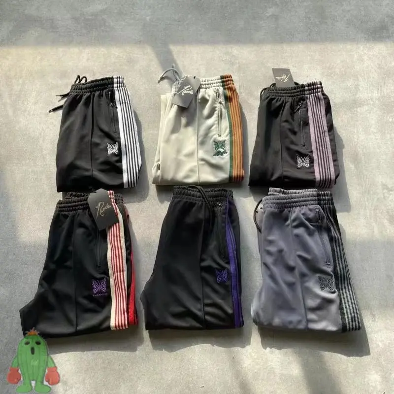 

AWGE NEEDLES Butterfly Embroidered Men Women Loose Casual Trousers Purple Striped Webbing Sweatpants