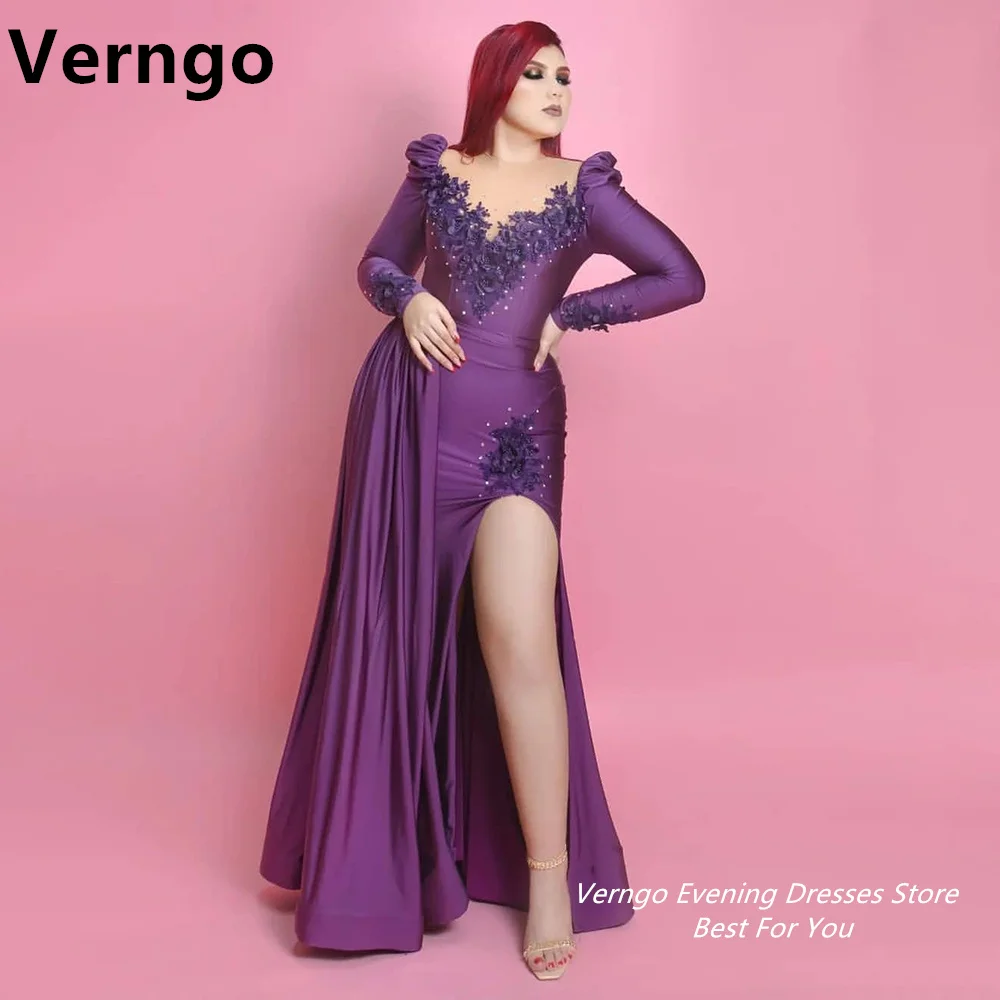 

Verngo Purple V Neck Long Puff Sleeves Draped Train Evening Dress Side Slit Long Party Gown Sequined Applique Dress For Women