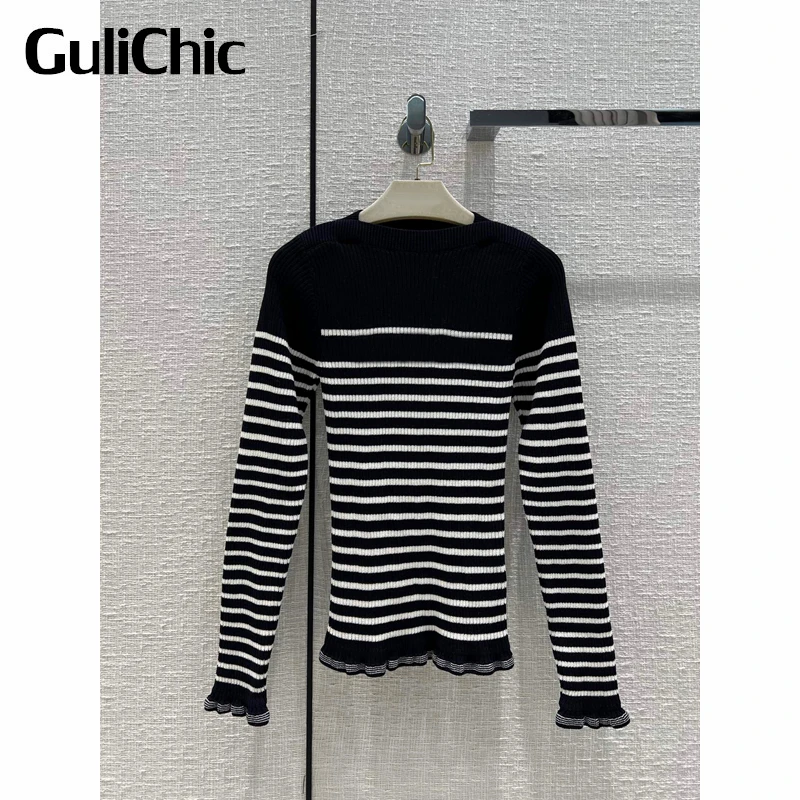 

10.27 GuliChic Women Soft Comfortable Contrast Color Striped Letter Star Ruffle Design Slim Knitted Long Sleeve T-Shirt