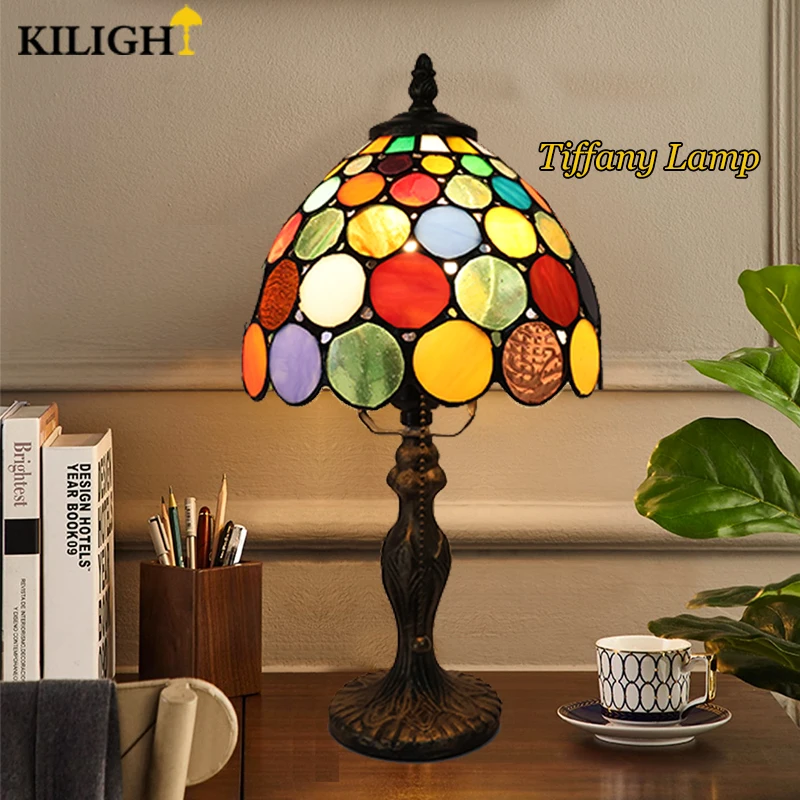 

KiLight 20cm Tiffany Lamp Colored Circle Table Lamp Glass Gifts Lighting Bedroom Bedside Reading Light Personality E27