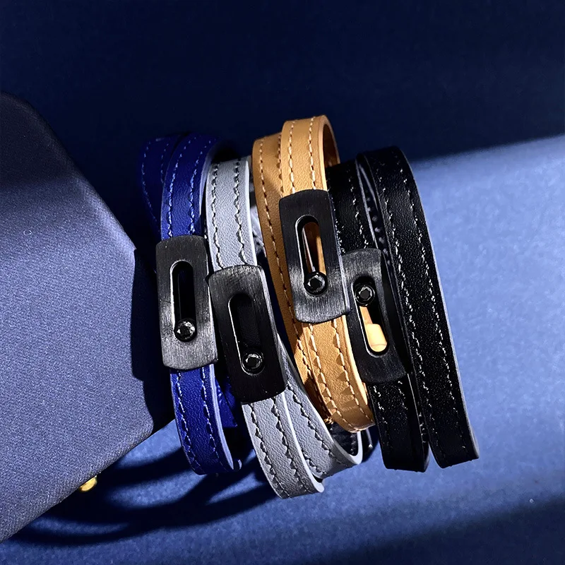 

Fashion Jewelry Titanium Steel Lock 2 Layer Bangle Real Cowhide Leather Bracelets for Women