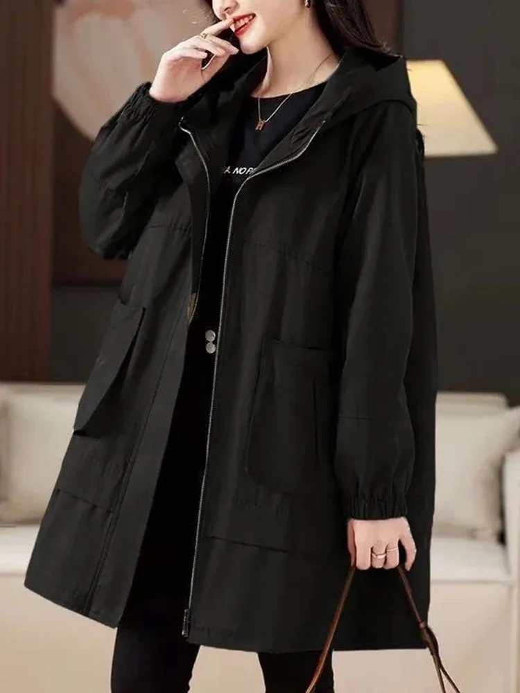 Куртка-карго Женская средней длины с капюшоном повседневный свободный тренчкот