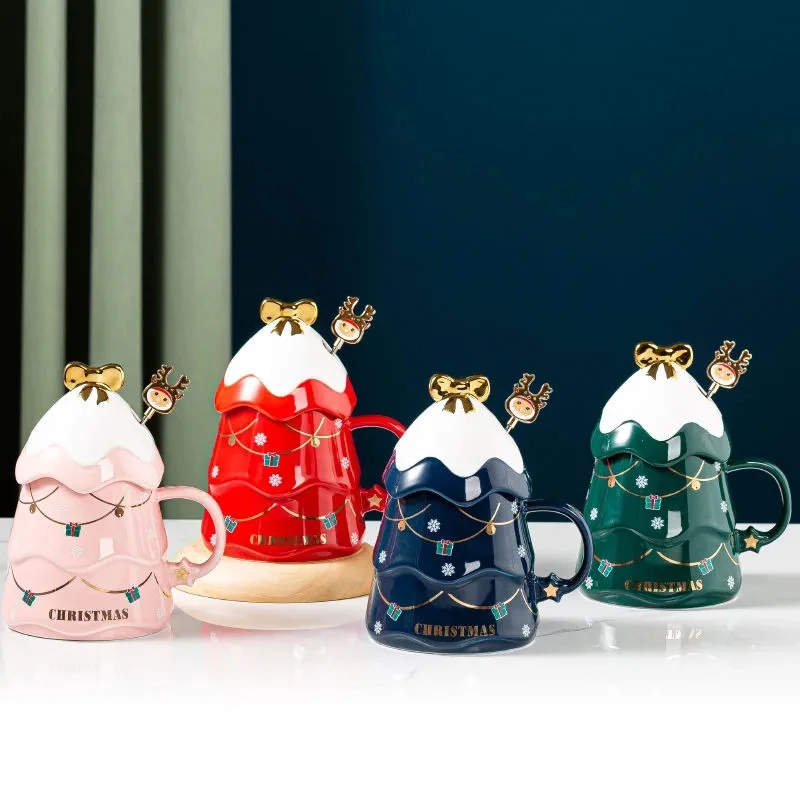 3D Christmas Tree Mug Creative Ceramic Large Capacity Milk Coffee Cup With Lid Gift Happy Spoon Friend Companion Child Christmas