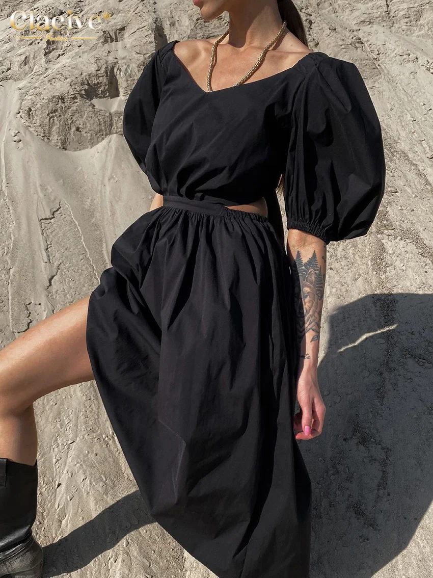

Clacive Women Summer Short Sleeve Black Dress Elegant Loose High Waist Midi Dresses Sexy Hollow Out Backless Female Dress 2022