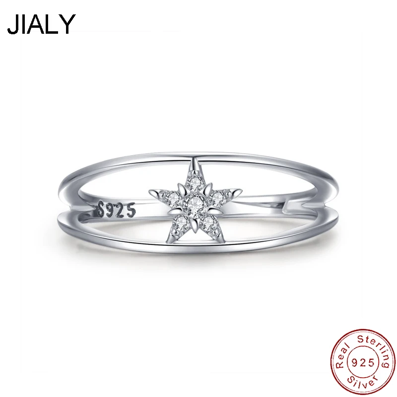

JIALY European Clear CZ Star Double Circle S925 Sterling Silver Ring For Women Birthday Party Wedding Gift Jewelry