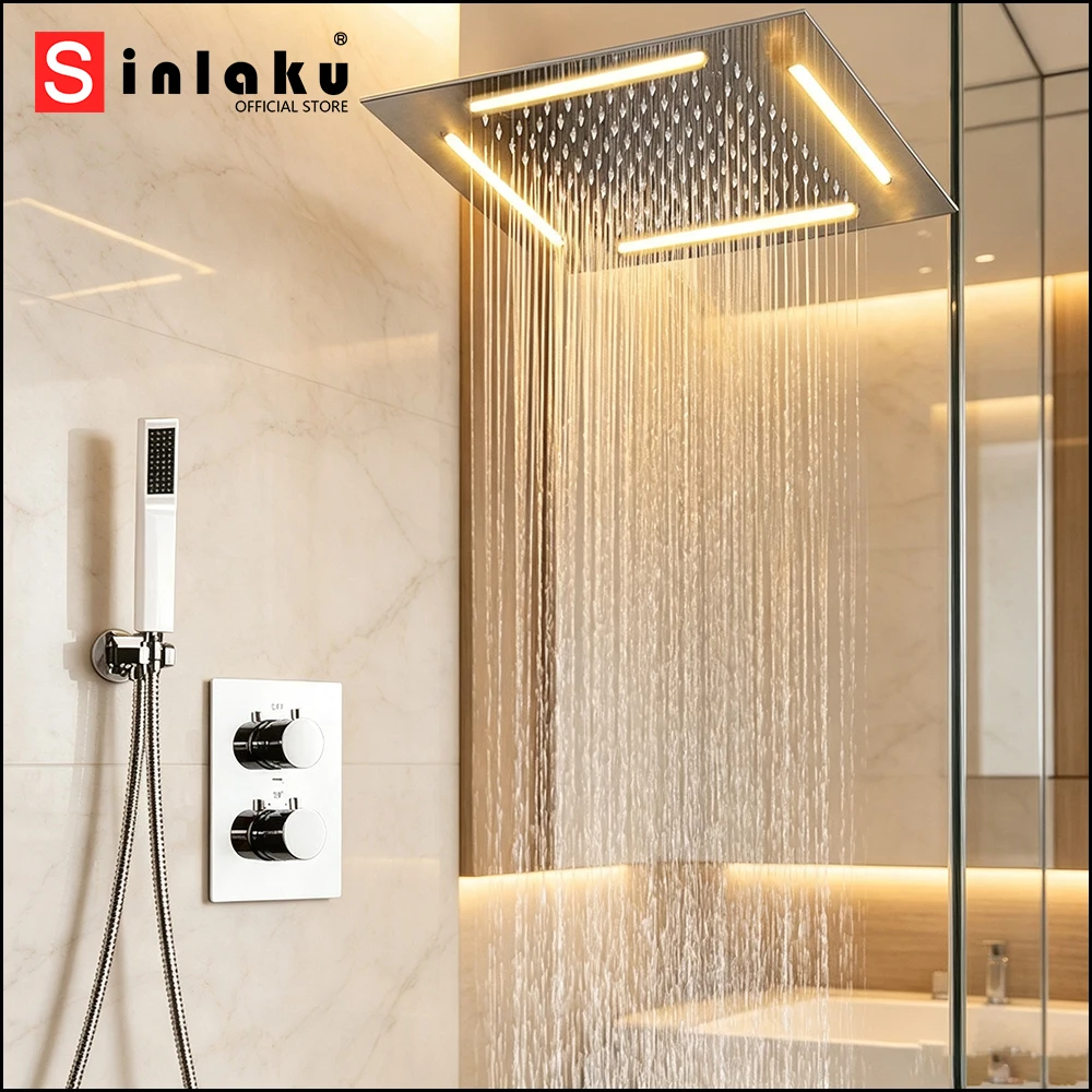 Фото Душевая система SINLAKU LED с эффектом дождя, потолочная, скрытого монтажа, хромированный смеситель, ручной распылитель, комплект для ванной комнаты №1