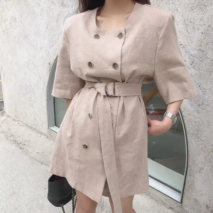 

Шикарное свободное женское платье с круглым вырезом и пряжкой-кольцом, двубортные платья из хлопка и льна на завязках с коротким рукавом, же...