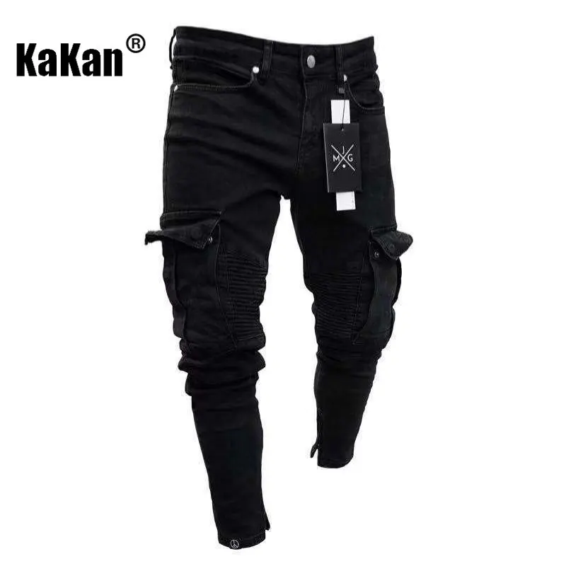 Kakan - European and American New Trend Knee Hole Broken Zipper Small Foot Jeans for Men, Elastic Side Pocket Long Jeans K45-829