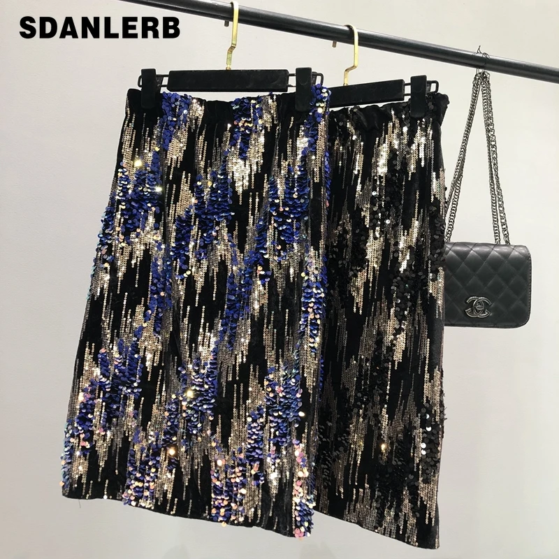 

Spring New Women's Sequin Skirt High Waist Slimming Mid-Length Faldas Mujer Overknee Shiny Sequin Elastic Waist Skirt