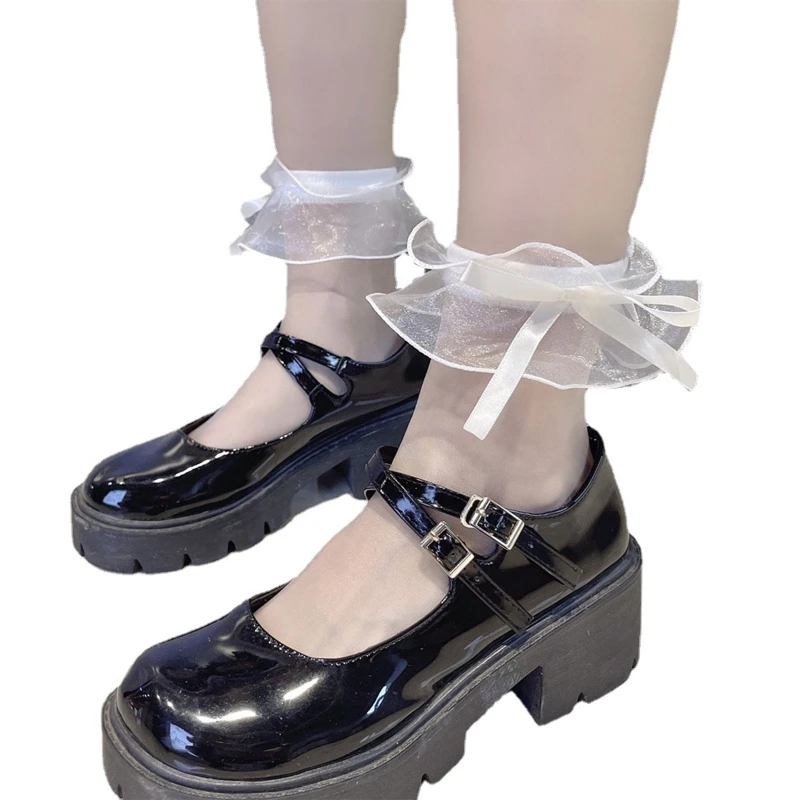 

Women Sweet Ruffle Ankle Socks Bowknot Glass Fiber Mesh Hosiery 37JB