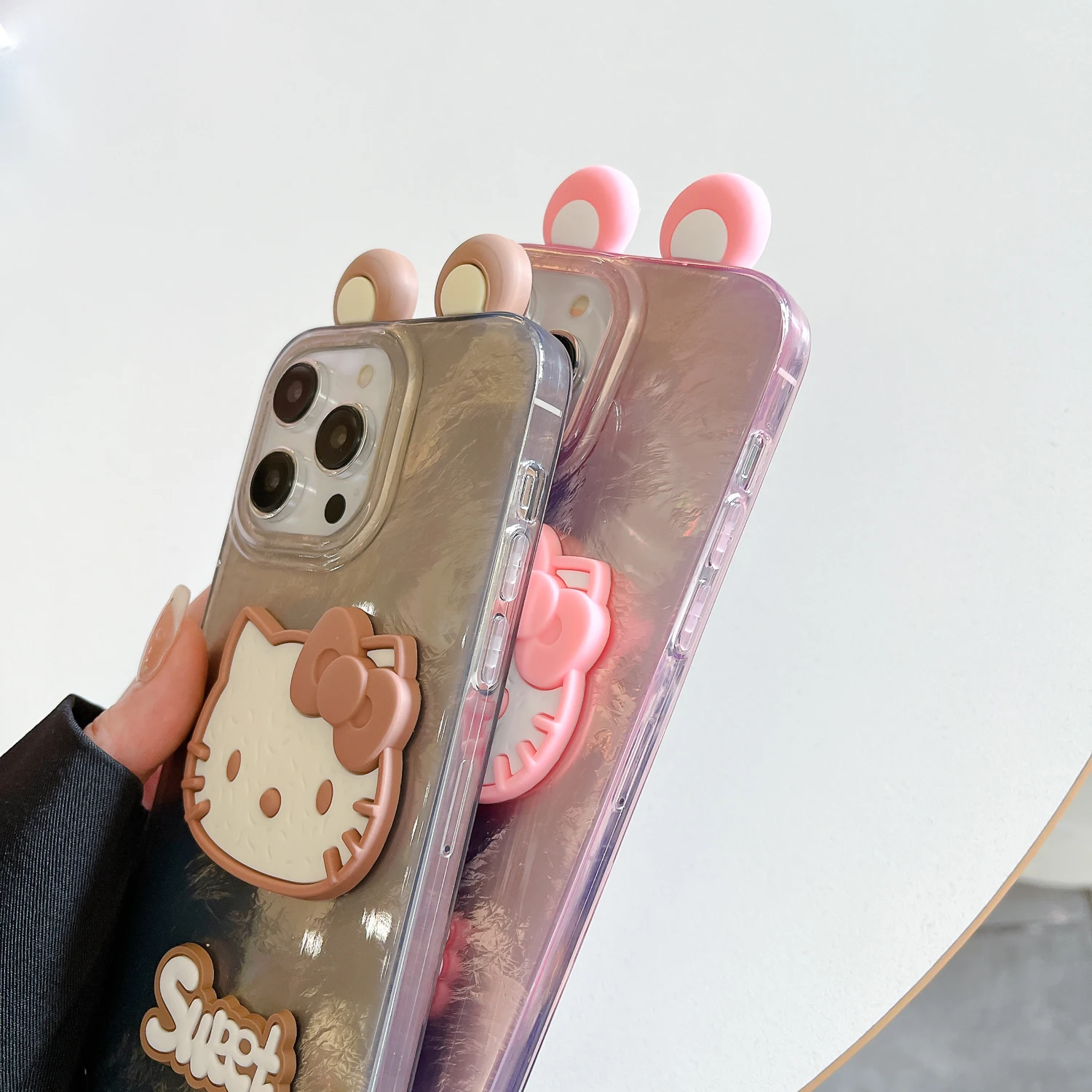 Мягкий чехол из ТПУ для iPhone 16 15 14 13 Max Plus с милыми 3D ушками Hello Kitty текстура ледника